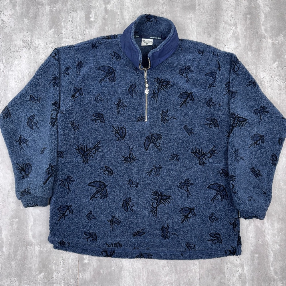 Vintage Columbia‎ Fly Fishing Fleece Mens Large Blue 1/4 Zip Pile USA Granola